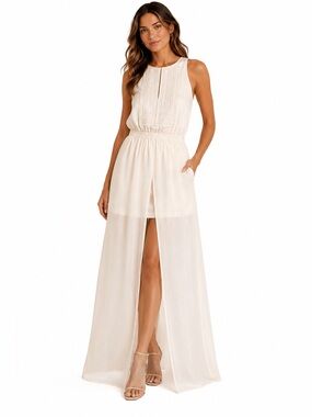 A.L.C cream silk dress with embroidery & open center slit with mini skirt under
